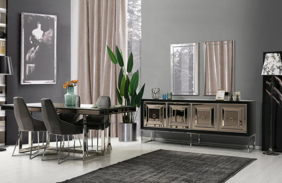 Casa Padrino aparador de lujo con 4 puertas de espejo negro / plata 208 x 49 x A. 88 cm - Muebles de sala de lujo