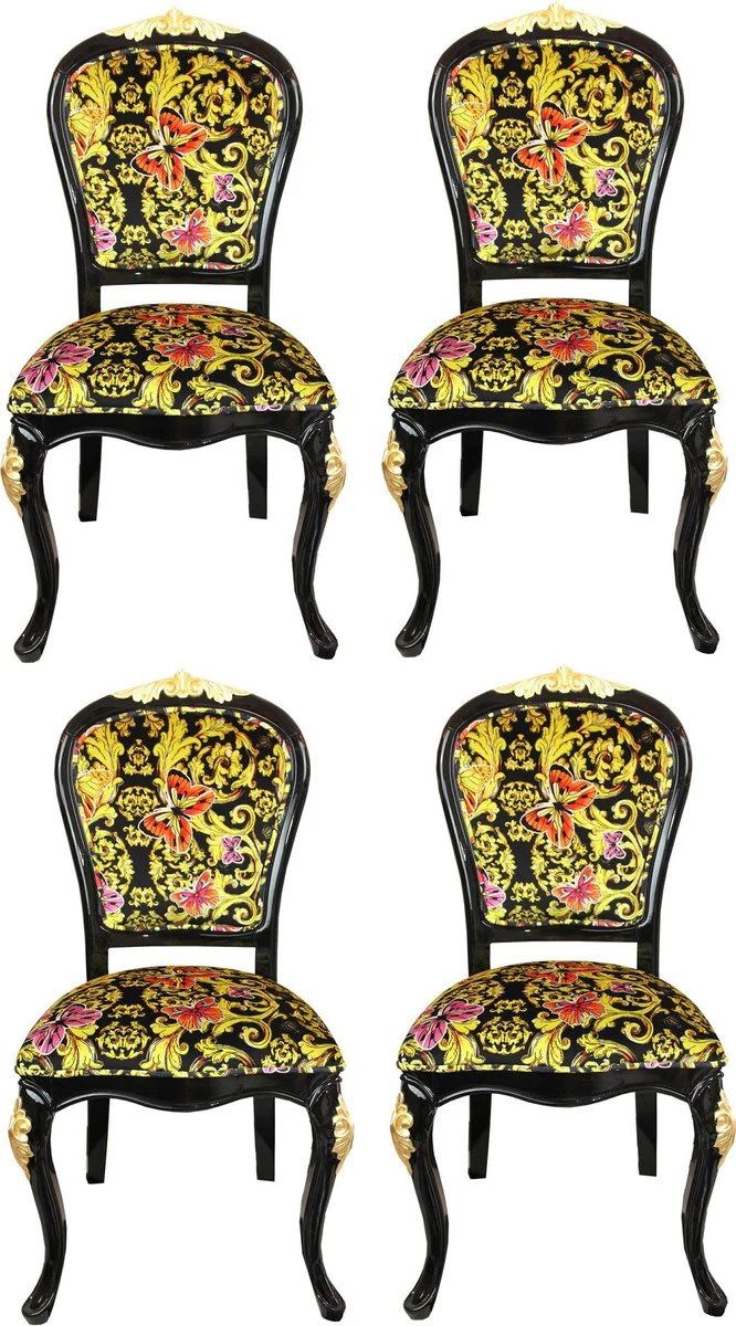 Pomp??s by Casa Padrino Sillas de Comedor Barroco de Lujo Mariposas y Flores Multicolor / Negro / Oro - Sillas de Estilo Barroco de Pomp??s Dise?adas por Harald Gl??ckler - 4 Sillas de Comedor - Muebles de Comedor Barrocos