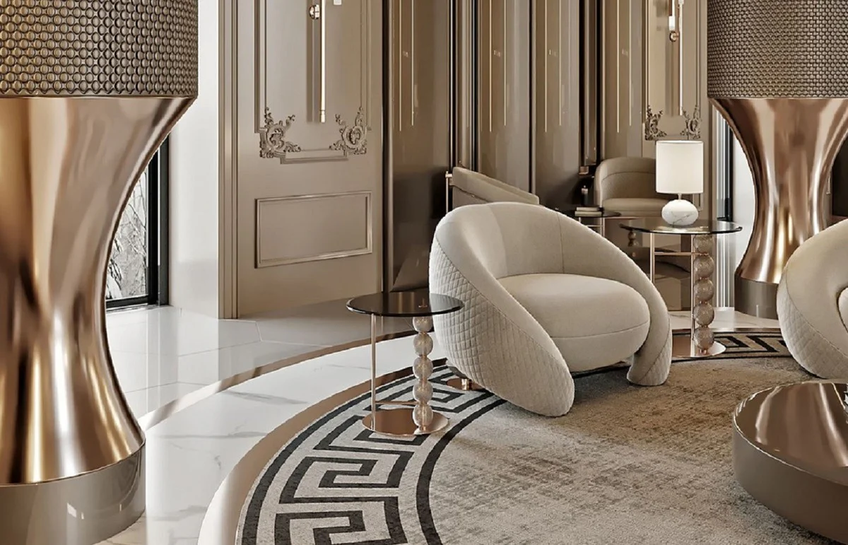 Casa Padrino Conjunto de Sal¨®n de Lujo Gris Claro / Cobre / Negro - 2 Sof¨¢s de Lujo y 2 Sillones de Lujo y 1 Mesa de Centro de Lujo y 2 Mesas Auxiliares de Lujo - Muebles de Sal¨®n de Lujo