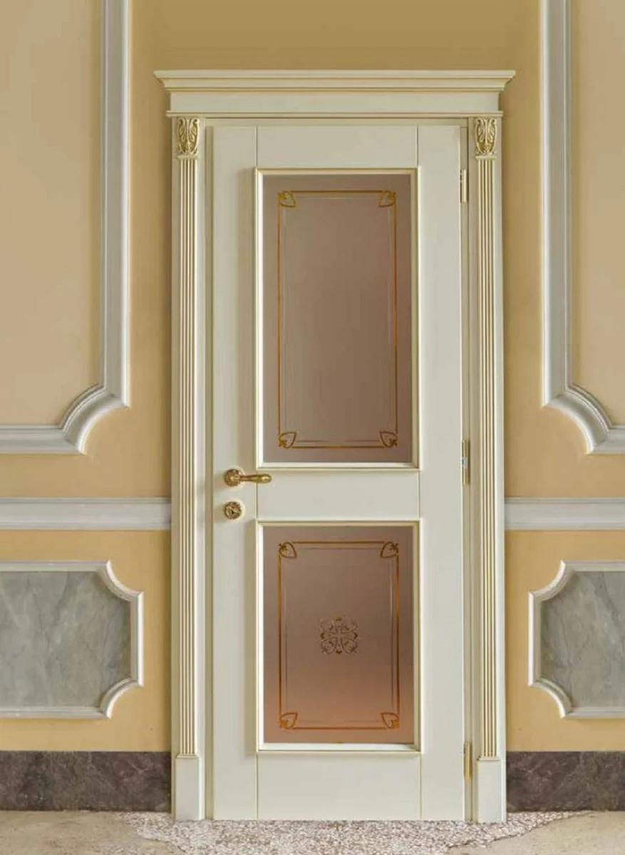Casa Padrino puerta de apartamento barroco de lujo crema / oro - Magnífica puerta de madera maciza con vidrieras y marco - Muebles barrocos - Calidad de lujo - Hecho en Italia