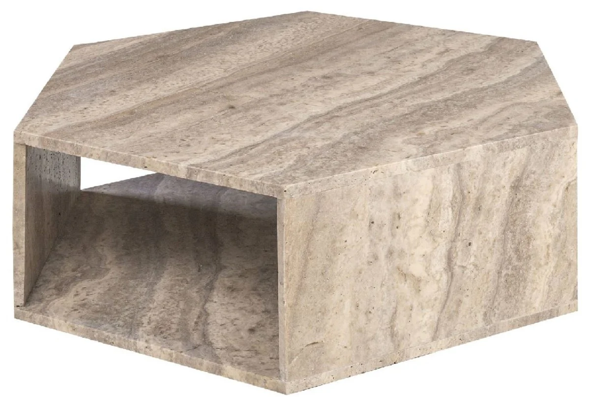 Casa Padrino mesa de centro de lujo gris 91 x 79 x A. 30 cm - Mesa de sal¨®n de piedra natural de travertino de 6 esquinas - Muebles de sal¨®n - Muebles de travertino - Muebles de lujo