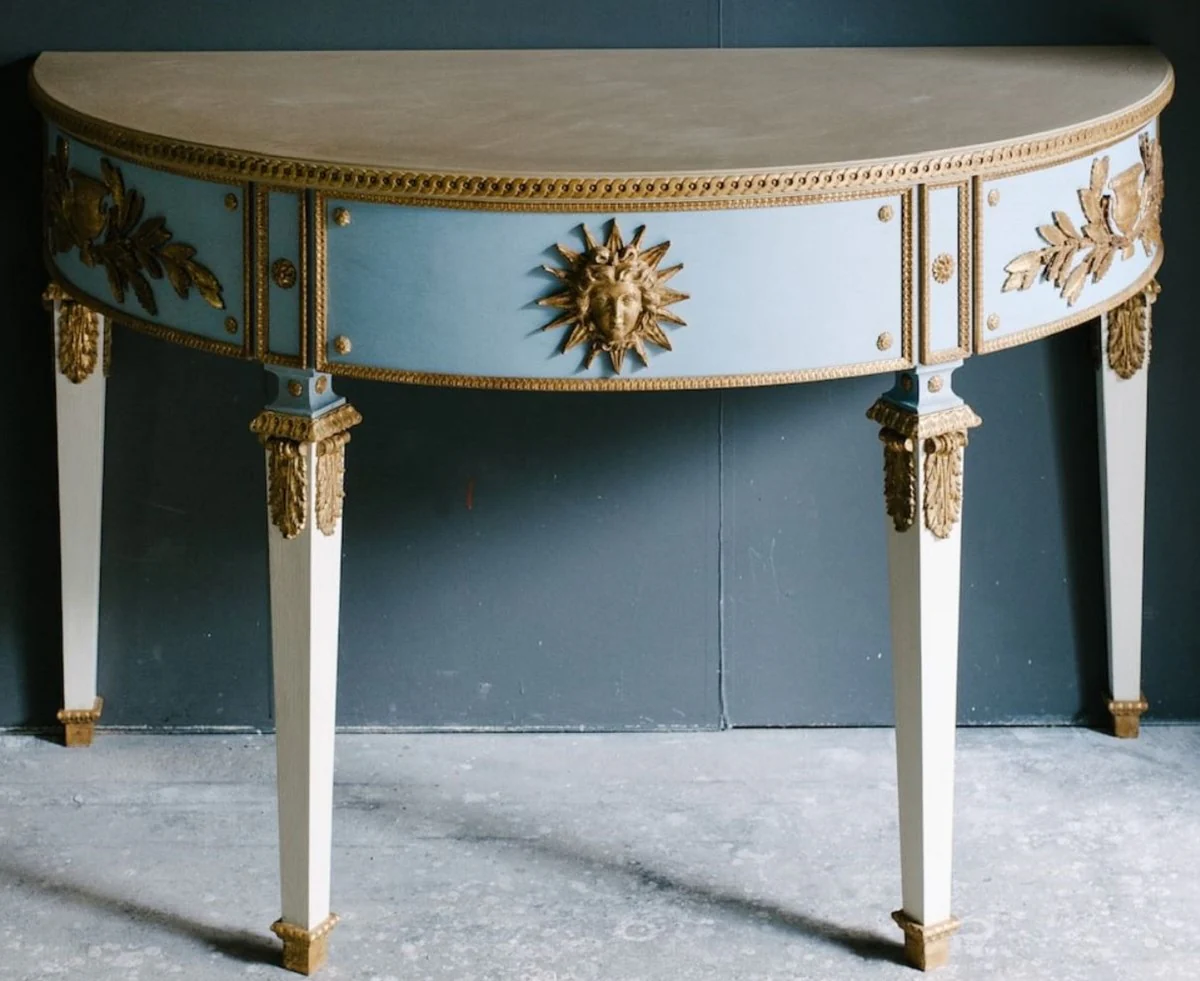 Casa Padrino Consola Barroco de Lujo Azul / Blanco / Oro 150 x 75 x H. 91 cm - Mesa de Consola Hecha a Mano de Estilo Antiguo