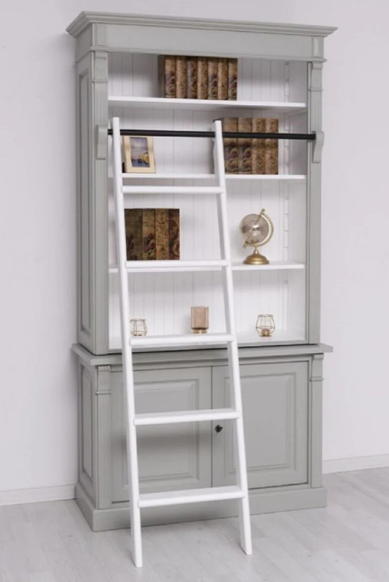 Casa Padrino armario de libros de estilo campestre con escalera gris / blanco 120 x 51 x A. 228 cm - Armario de Sala de Estar de Madera Maciza - Armario de Oficina - Muebles de Estilo Campestre