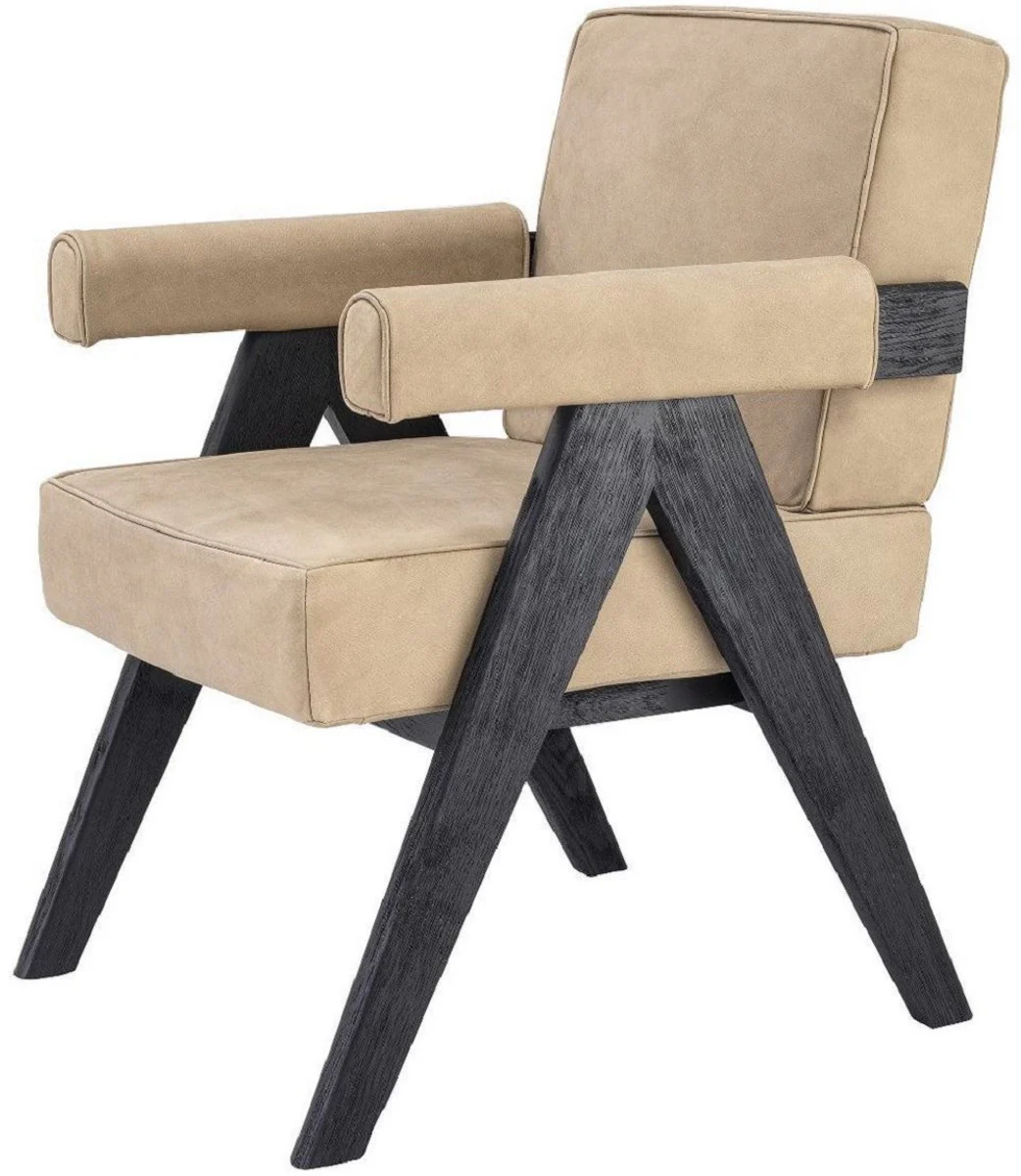 Casa Padrino silla de comedor de piel genuina de lujo con reposabrazos beige / negro 64 x 70 x A. 87,5 cm - Silla de cocina con cuero de b¨²falo nobuck fino - Muebles de comedor de lujo