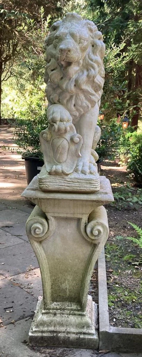 Casa Padrino escultura de decoración de jardín barroco león con pilar blanco 42 x 45 x A. 152 cm - Magnífica figura de piedra con pilar - Accesorios de decoración de terrazas y jardines barrocos
