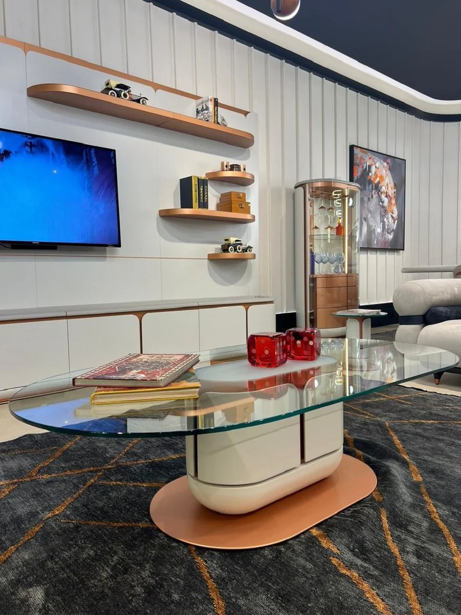 Casa Padrino mesa de centro de lujo blanco / cobre 150 x 80 x A. 40 cm - Mesa de sal¨®n con tapa de vidrio - Muebles de sal¨®n - Muebles de hotel - Muebles de lujo - Interiores de lujo