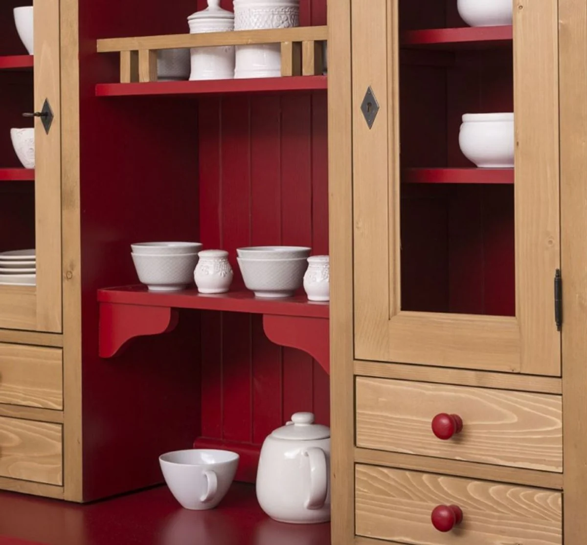 Casa Padrino gabinete de cocina de estilo campestre natural / rojo burdeos 137 x 50 x A. 197 cm - Gabinete de Cocina de 2 Piezas con 5 Puertas y 7 Cajones - Muebles de Cocina de Estilo Campestre