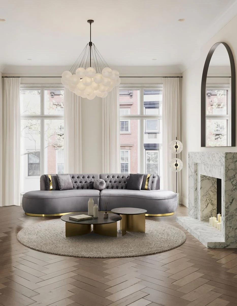 Casa Padrino sof¨¢ de 4 plazas de lujo gris / oro 330 x 120 x A. 76 cm - Sof¨¢ de sal¨®n con tela de terciopelo fino - Muebles de sal¨®n - Muebles de lujo - Interiores de sal¨®n - Interiores de lujo