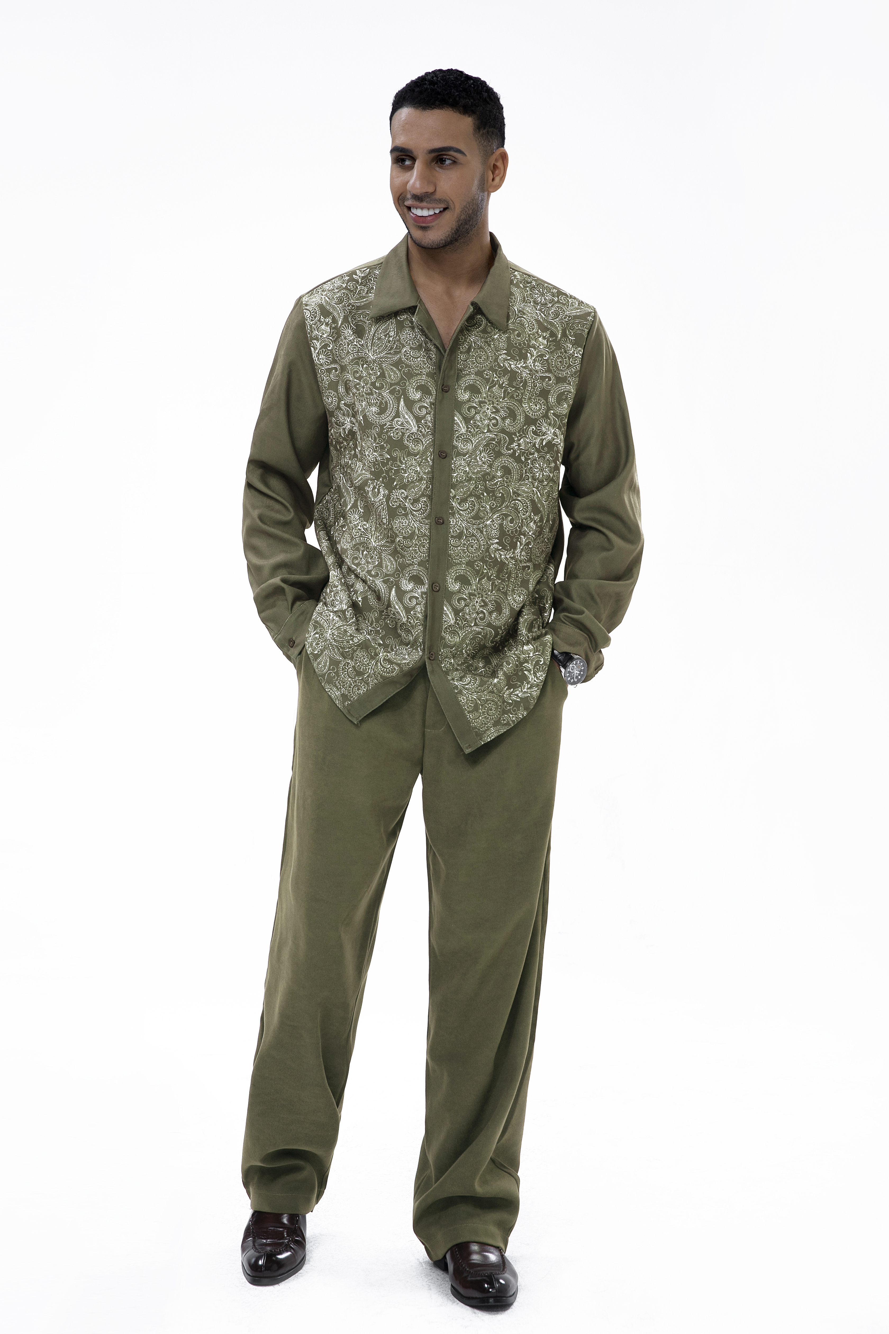Suitmens Long Sleeve Trousers Green Cashew Blossom Two-Piece Walking Set