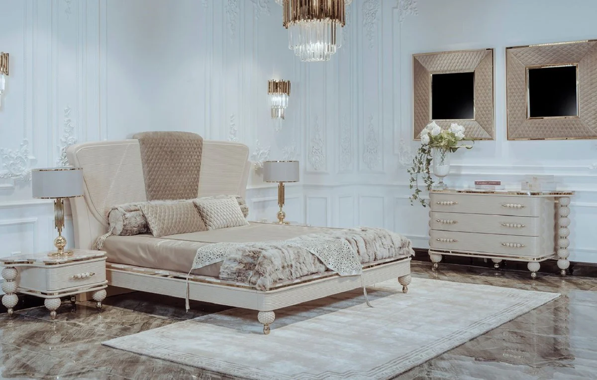 Casa Padrino conjunto de mesitas de noche Art Deco de lujo gris / blanco / oro 75 x 50 x A. 48 cm - Magníficas mesitas de noche de madera maciza - Muebles de Dormitorio y Hotel Art Deco