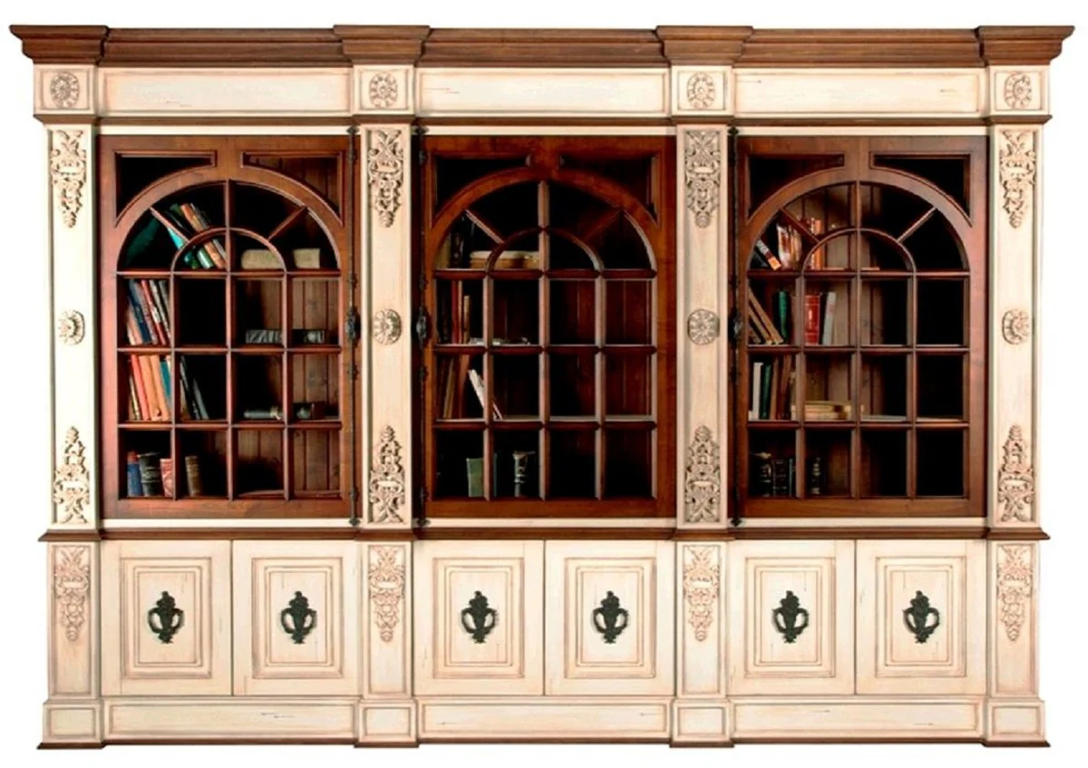 Casa Padrino armario de libros de estilo vintage de lujo crema antiguo / marr¨®n oscuro / negro 323 x 51 x A. 255 cm - Muebles de madera maciza - Muebles de estilo vintage - Muebles de lujo