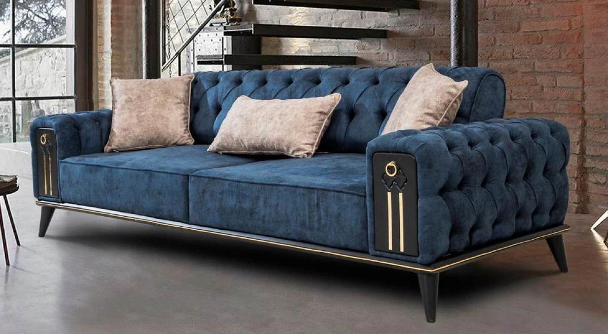Casa Padrino sof¨¢ cama Chesterfield de lujo azul / negro / oro 220 x 90 x A. 80 cm - Sof¨¢ de sal¨®n moderno - Muebles de Sal¨®n Chesterfield
