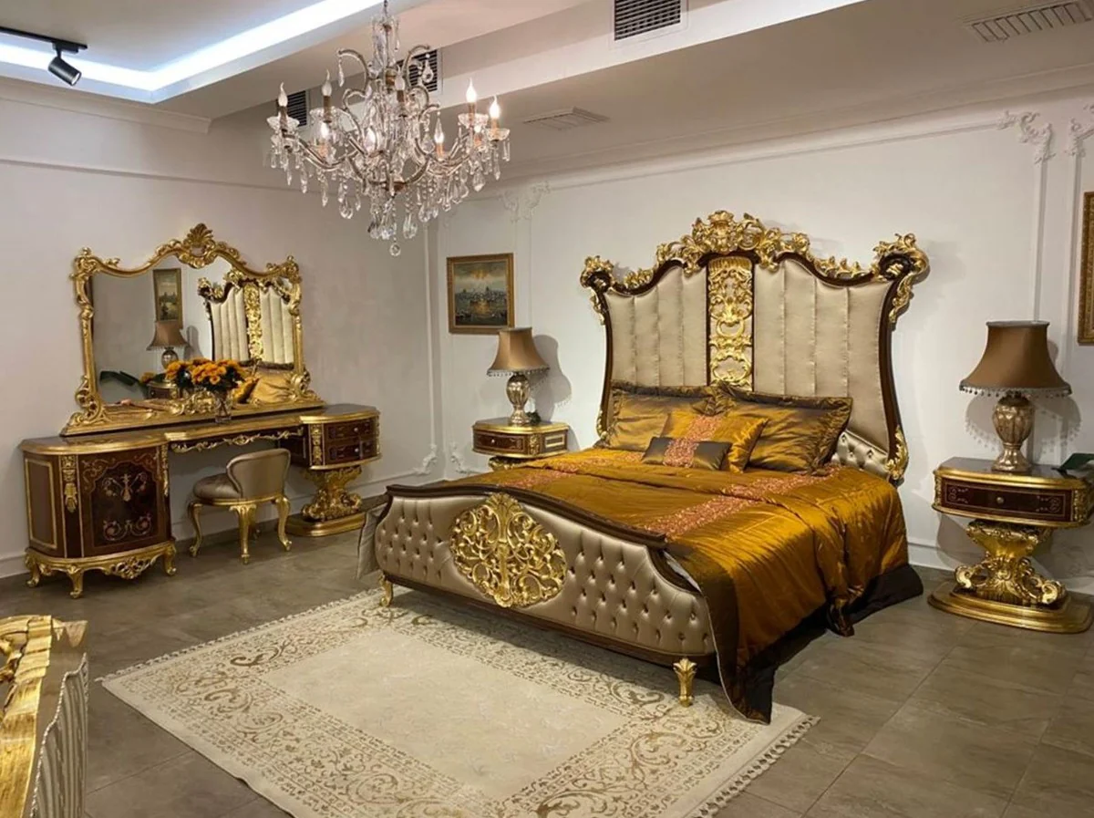 Casa Padrino cama doble barroco de lujo plata / marrón oscuro / oro - Cama noble de madera maciza con cabecera - Magnífica muebles de dormitorio de estilo barroco