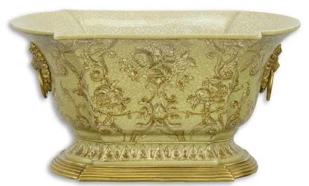 Casa Padrino maceta Art Nouveau verde / oro 26,9 x 16,7 x A. 14,1 cm - Maceta de porcelana con asas de bronce cabeza de león - Accesorios Decorativos