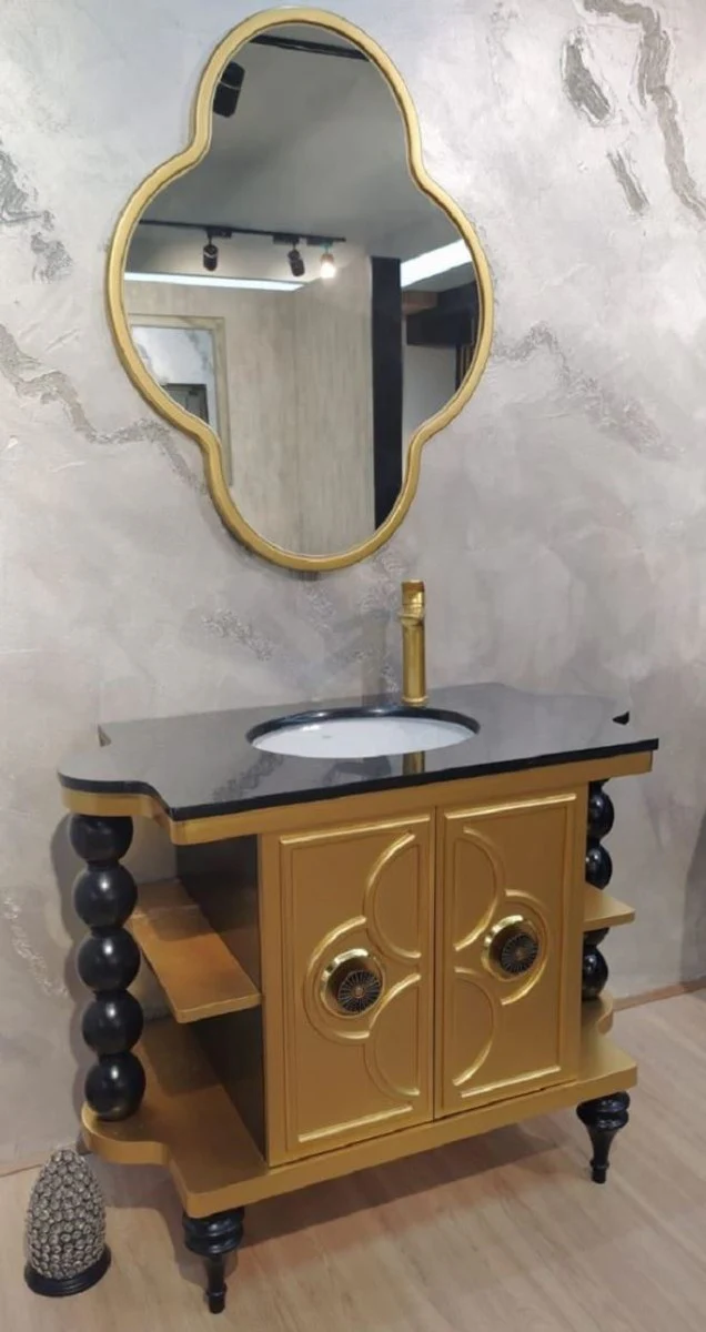 Casa Padrino conjunto de baño barroco negro / oro - 1 Mesa de Lavado con Lavabo de Cerámica y 1 Espejo de Pared - Mueble de Baño Barroco