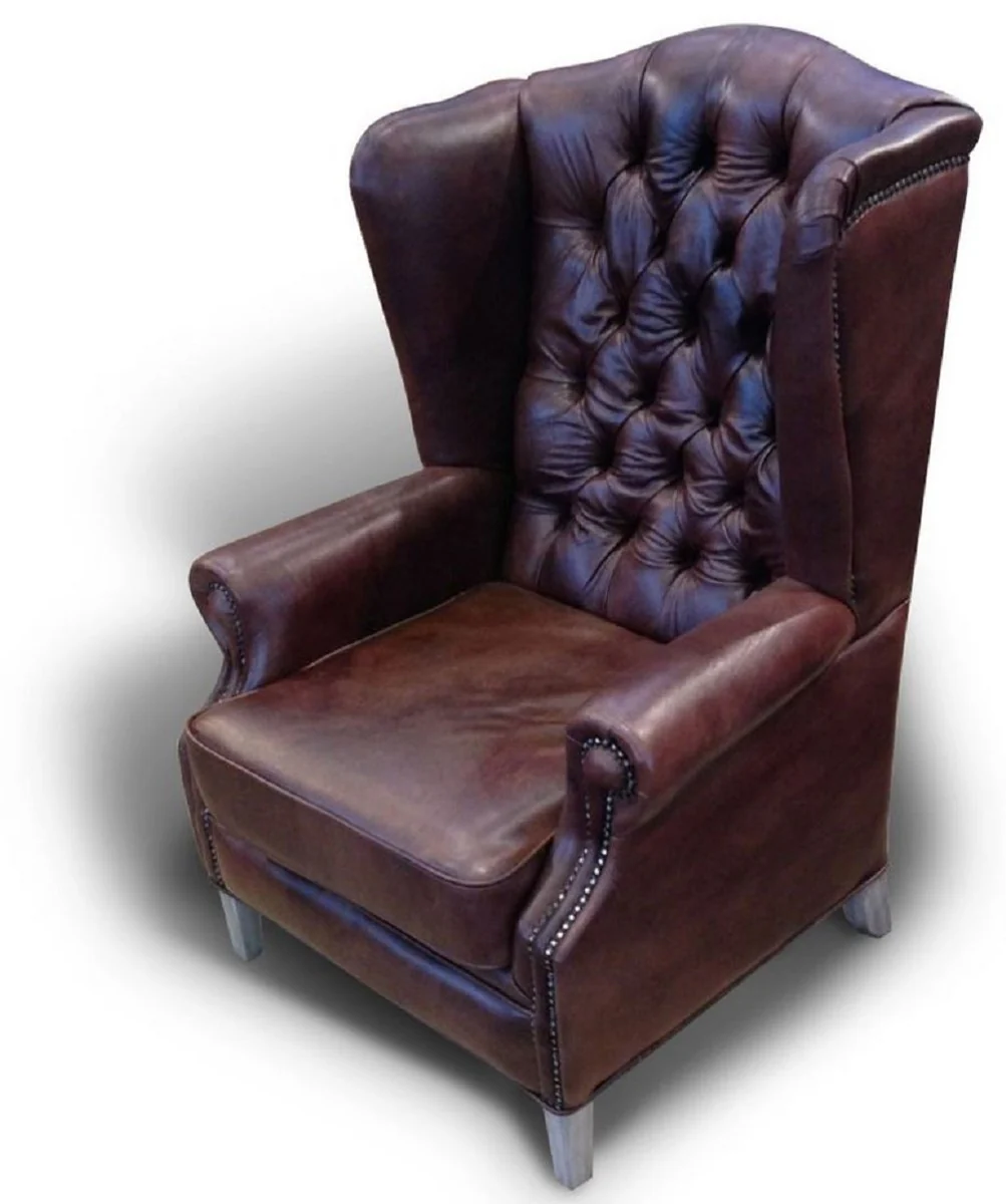 Casa Padrino sill¨®n orejero Chesterfield de lujo en cuero marr¨®n / gris - Sill¨®n Chesterfield en cuero genuino - Muebles de sal¨®n - Muebles Chesterfield - Muebles cuero genuino - Muebles de lujo