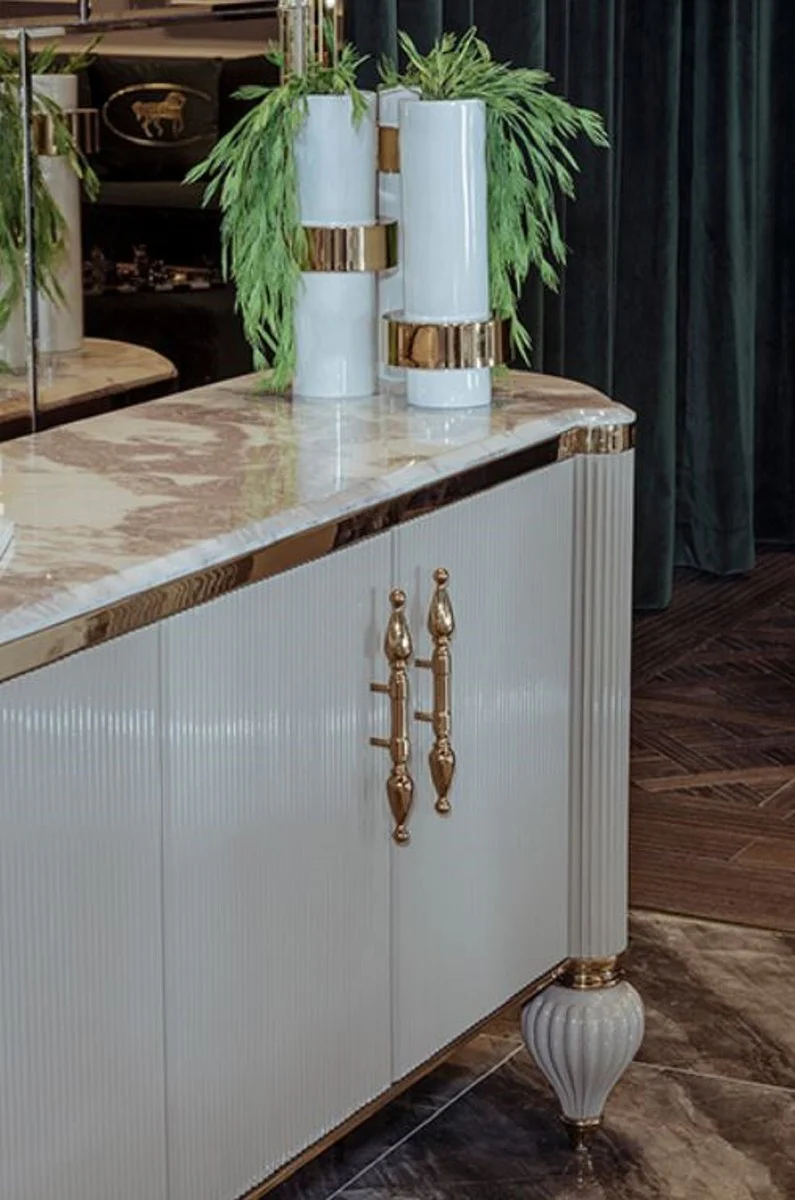 Casa Padrino aparador Art Deco de lujo gris / blanco / oro 235 x 54 x A. 90 cm - Gabinete noble de madera maciza con 4 puertas y tapa de mármol artificial - Muebles Art Deco - Calidad de Lujo