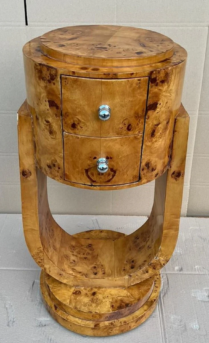 Casa Padrino cómoda Art Deco arce ojo de pájaro - Mesita de noche redonda - Mesa auxiliar con 2 cajones - Muebles Art Deco hechos a mano