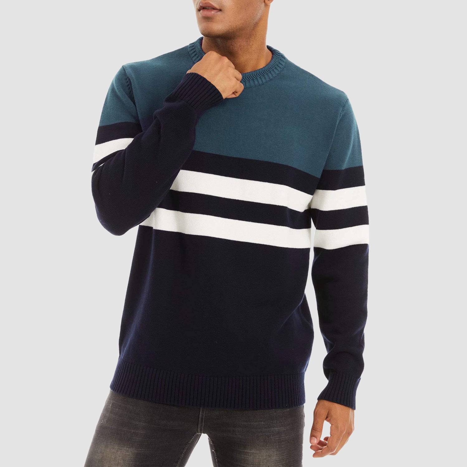 Men's Crewneck Sweater Soft Thermal Knitted Sweatshirt Color Block Striped