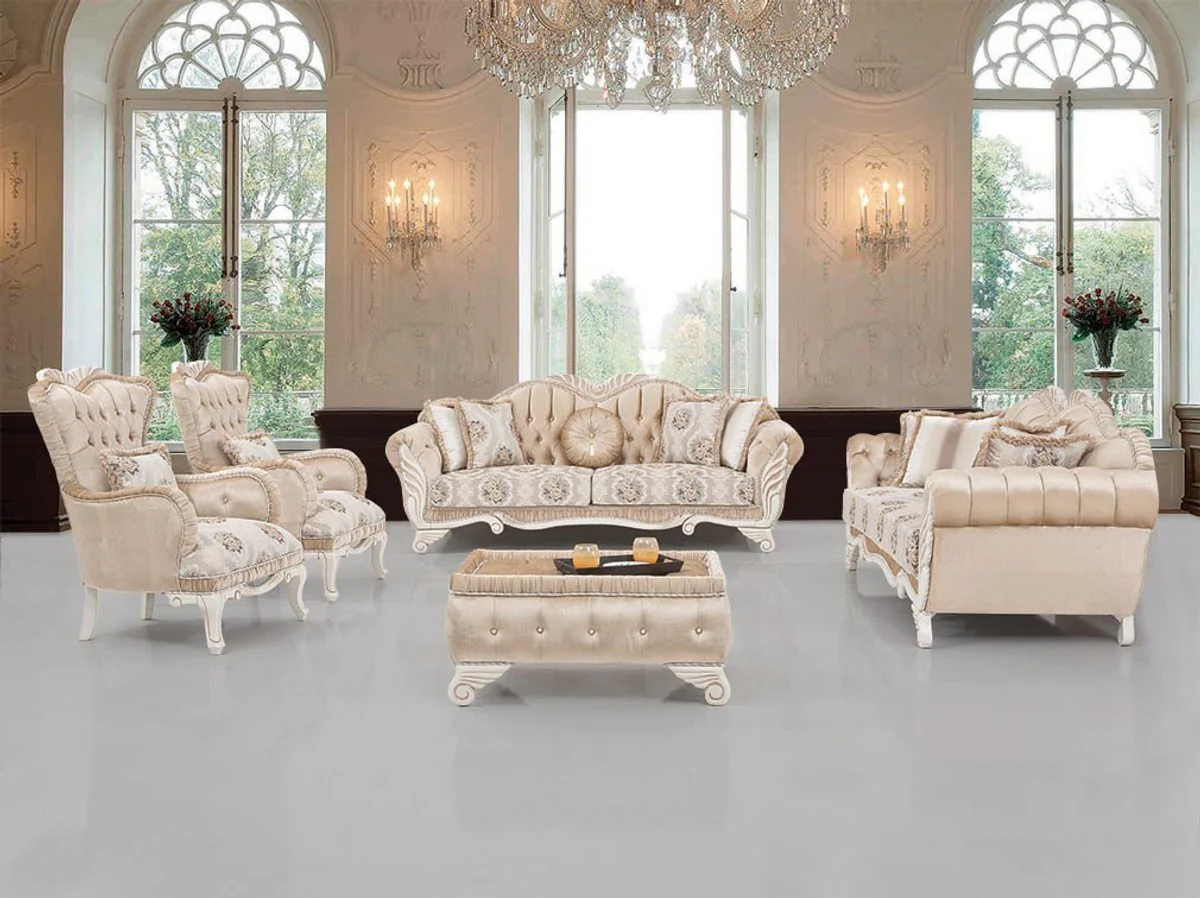 Casa Padrino conjunto de sala de estar barroco de lujo beige / blanco - 2 Sof¨¢s y 2 Sillones y 1 Taburete - Muebles de sala en estilo barroco - Noble y Adornado
