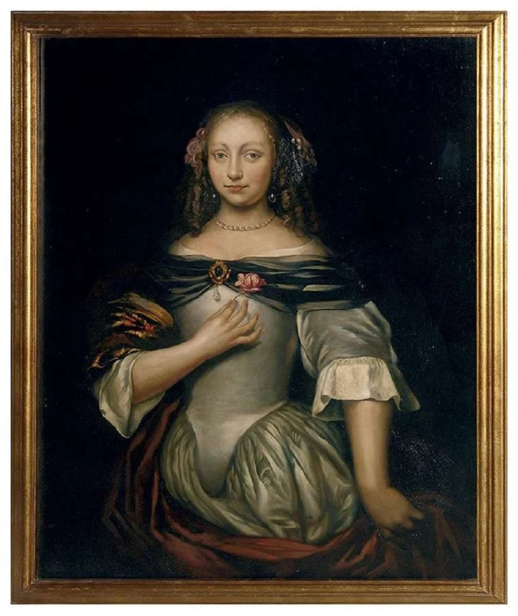 Casa Padrino pintura al óleo barroco de lujo dama con flor multicolor / oro 100 x A. 126 cm - Cuadro pintado a mano en estilo barroco - Decoración mural barroco