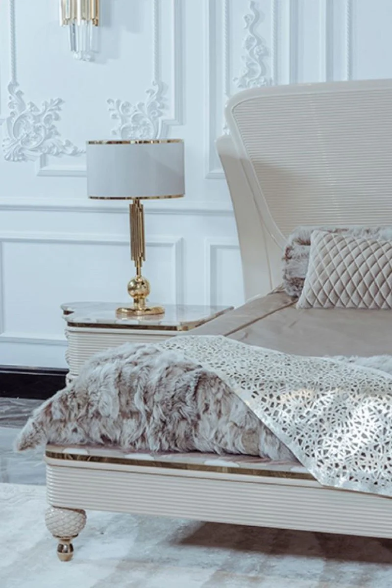 Casa Padrino cama doble Art Deco de lujo beige / gris / oro - Cama noble de madera maciza con cabecera - Muebles de Dormitorio y Hotel Art Deco - Colección de Lujo