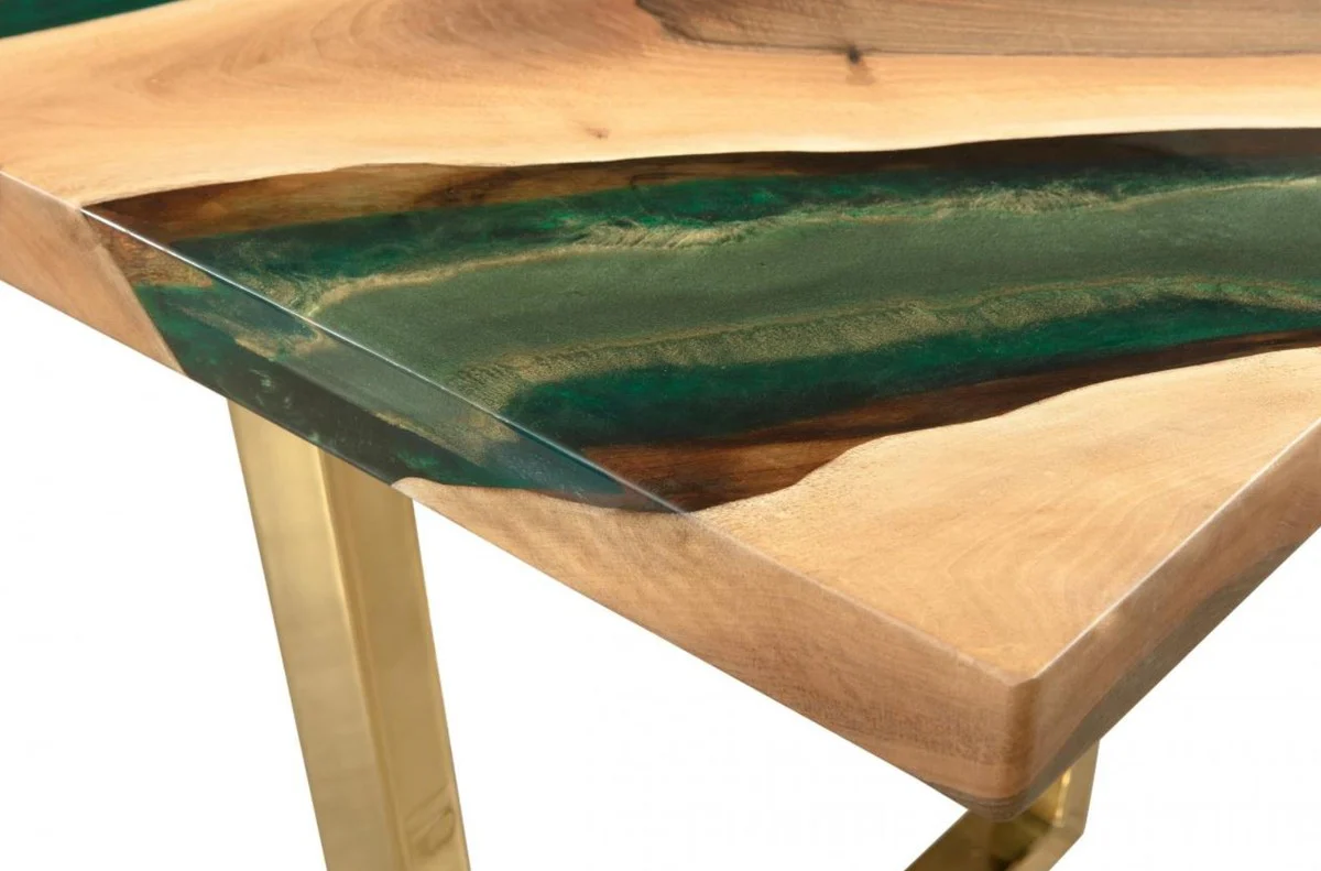 Casa Padrino mesa de comedor de lujo natural / marr¨®n / verde / oro 160 x 80 x A. 76 cm - Mesa de cocina rectangular con resina epoxi - Muebles de comedor de lujo - Muebles de resina epoxi