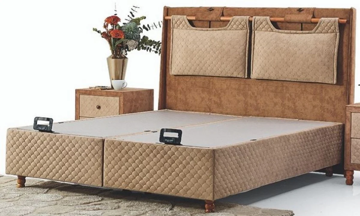 Casa Padrino cama doble de lujo beige / marrón - Cama moderna de madera maciza - Muebles de Dormitorio y de Hotel Moderno - Colección de Lujo