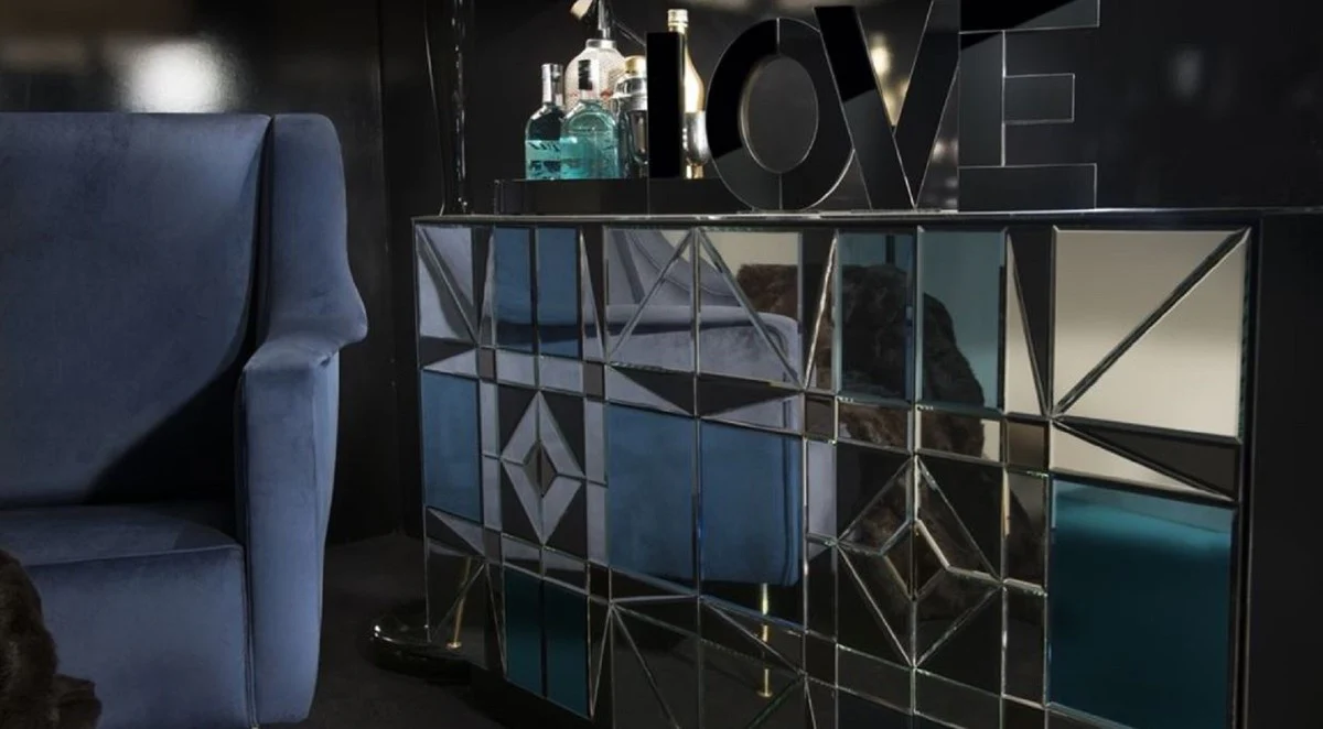 Casa Padrino aparador de lujo negro / azul 140 x 45 x A. 80 cm - Armario de madera maciza con 4 puertas espejadas - Muebles de Lujo