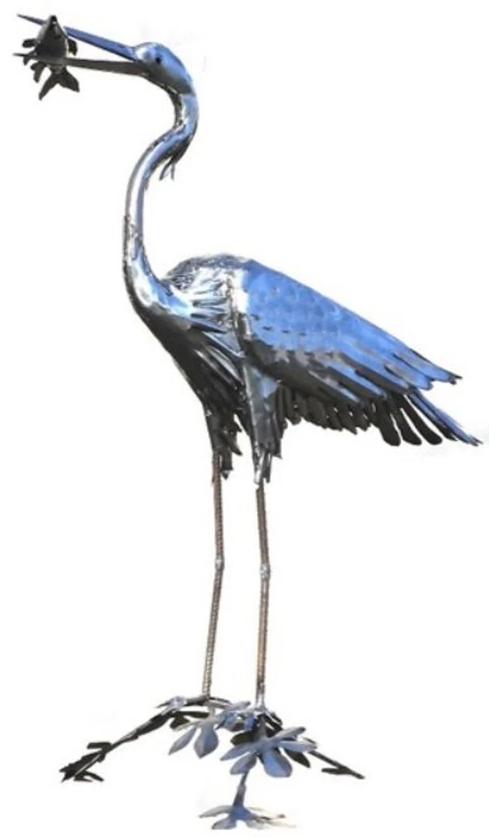 Casa Padrino escultura de decoración de jardín garza pájaro con pez plata 50 x 105 x A. 110 cm - Figura de decoración de jardín elegante - Figura de jardín resistente a la intemperie