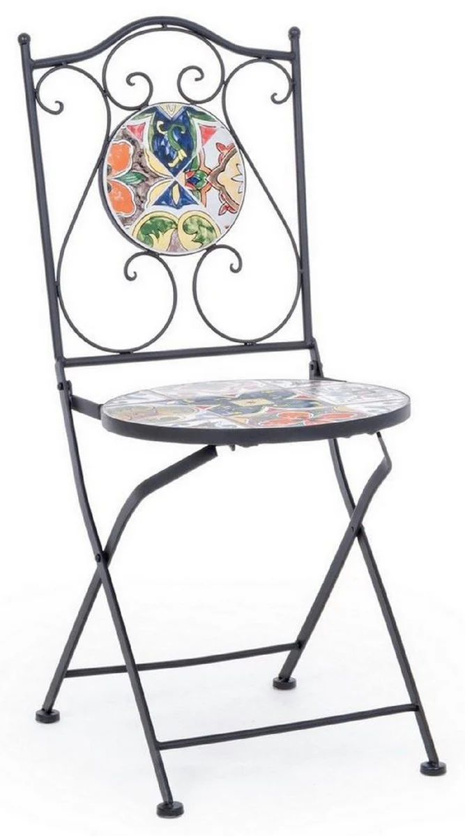 Casa Padrino conjunto de 4 sillas de jardín Art Nouveau negro / multicolor 39 x 47 x A. 92 cm - Sillas plegables con tapas de cerámica noble - Muebles de Jardín y Catering