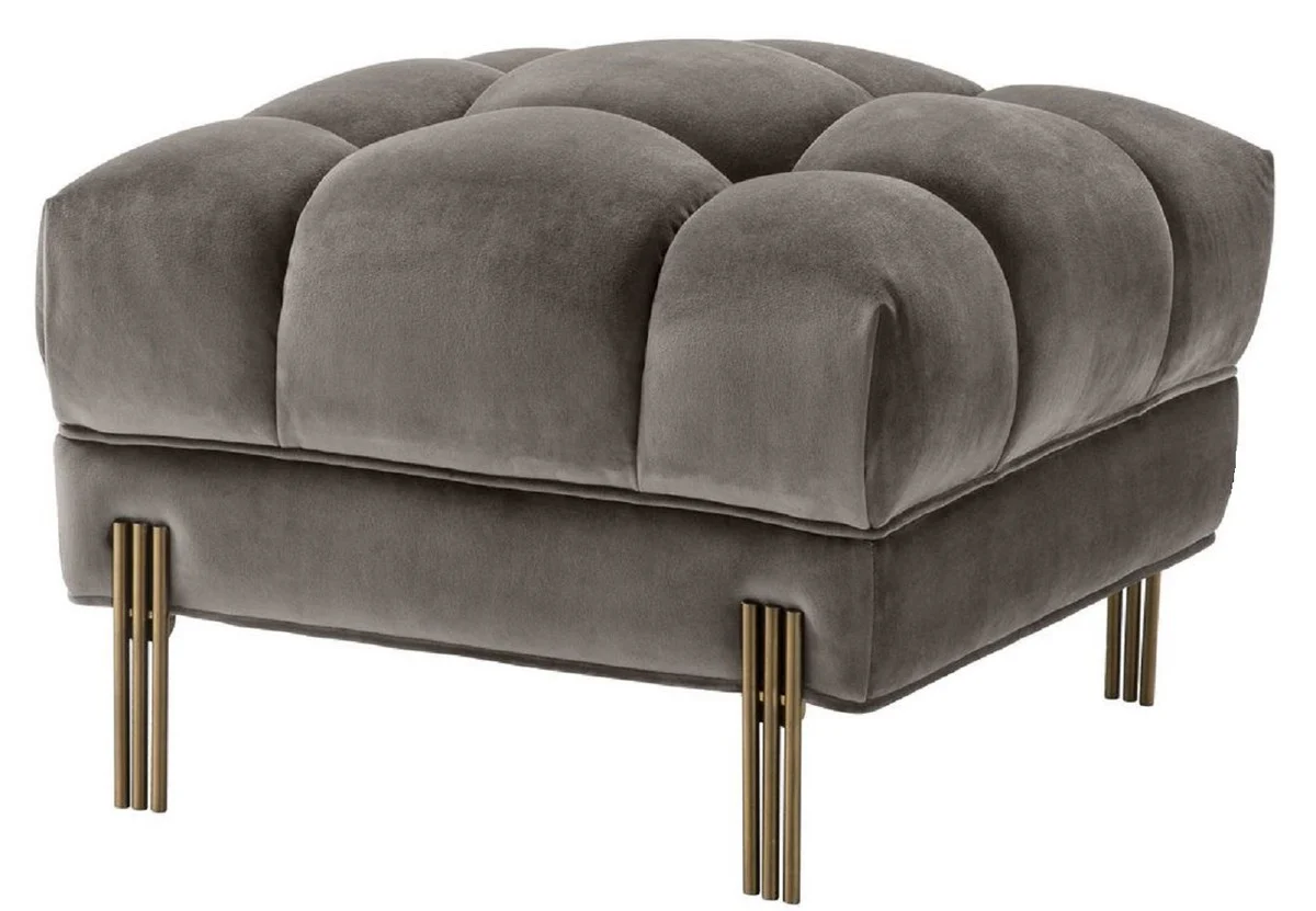 Casa Padrino taburete de pie de lujo gris / lat¨®n 59 x 59 x H. 43 cm - Taburete de Terciopelo con Patas de Acero Inoxidable - Muebles de Sal¨®n