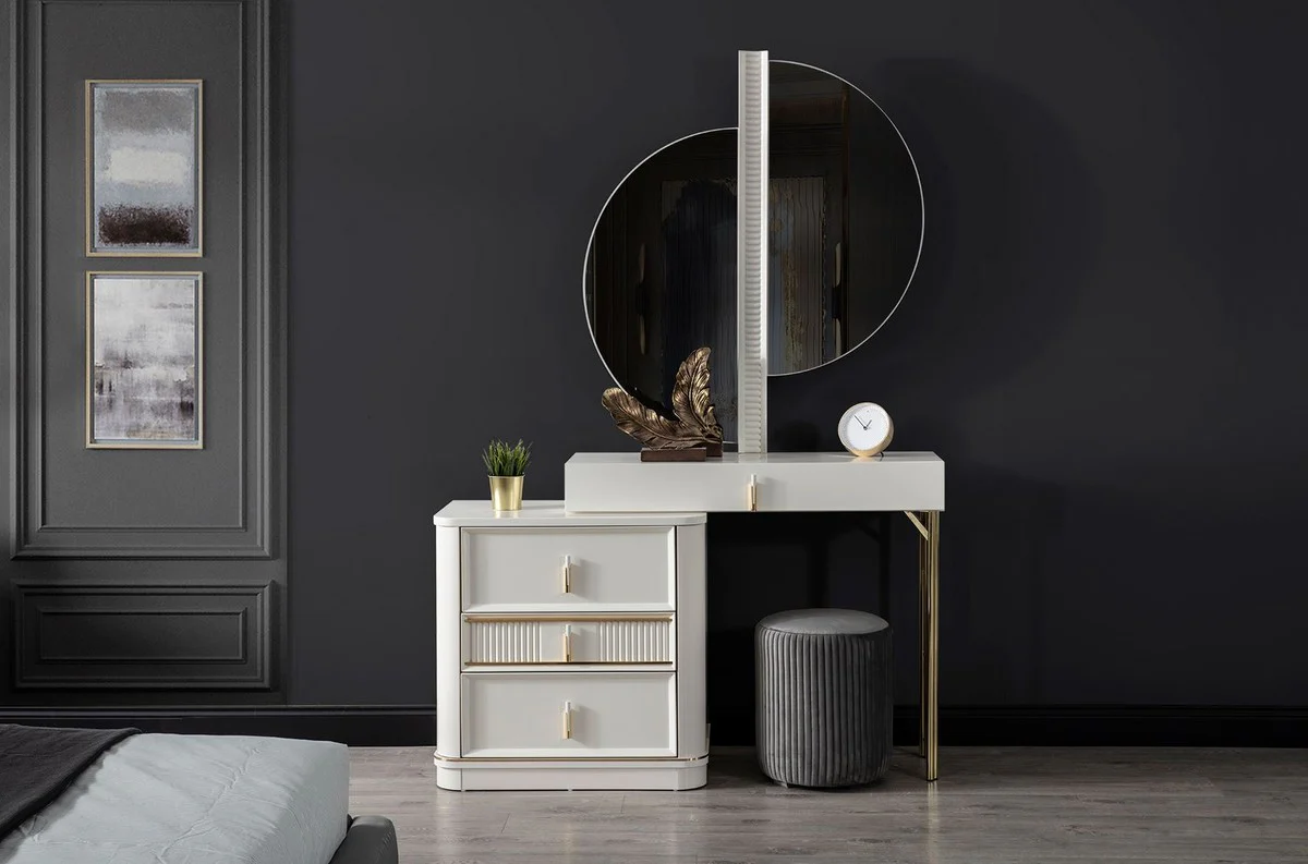 Casa Padrino conjunto de tocador de dormitorio de lujo blanco / oro / gris - 1 Tocador con Espejo y 1 Taburete - Muebles de dormitorio de lujo