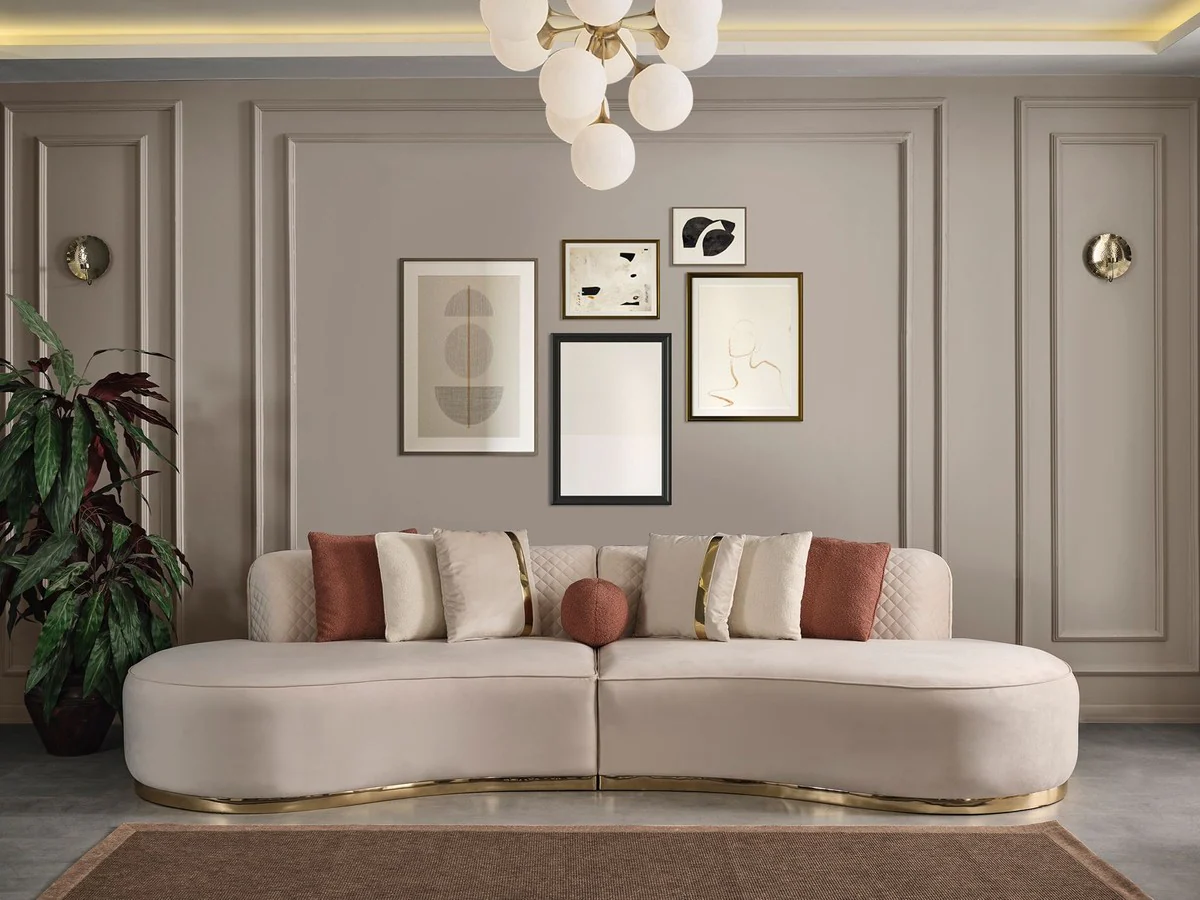 Casa Padrino sof¨¢ de 4 plazas de lujo crema / oro 330 x 120 x A. 76 cm - Sof¨¢ de sal¨®n con tela de terciopelo fino - Muebles de sal¨®n - Muebles de lujo - Interiores de sal¨®n - Interiores de lujo