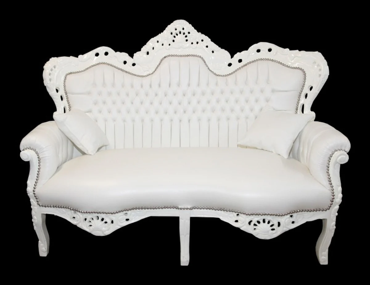 Casa Padrino Baroque Master 2 seater white leather look - living room couch furniture Lounge