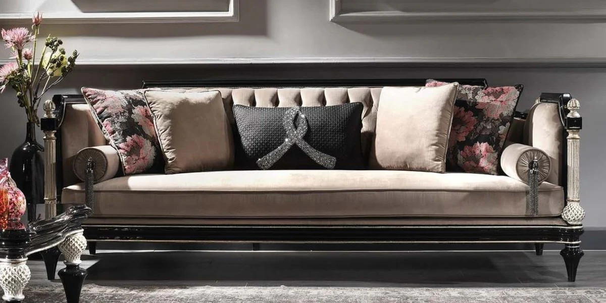 Casa Padrino sof¨¢ de terciopelo barroco de lujo beige / negro / plata / oro antiguo 250 x 95 x A. 80 cm - Magn¨ªfico Sof¨¢ de Estilo Barroco