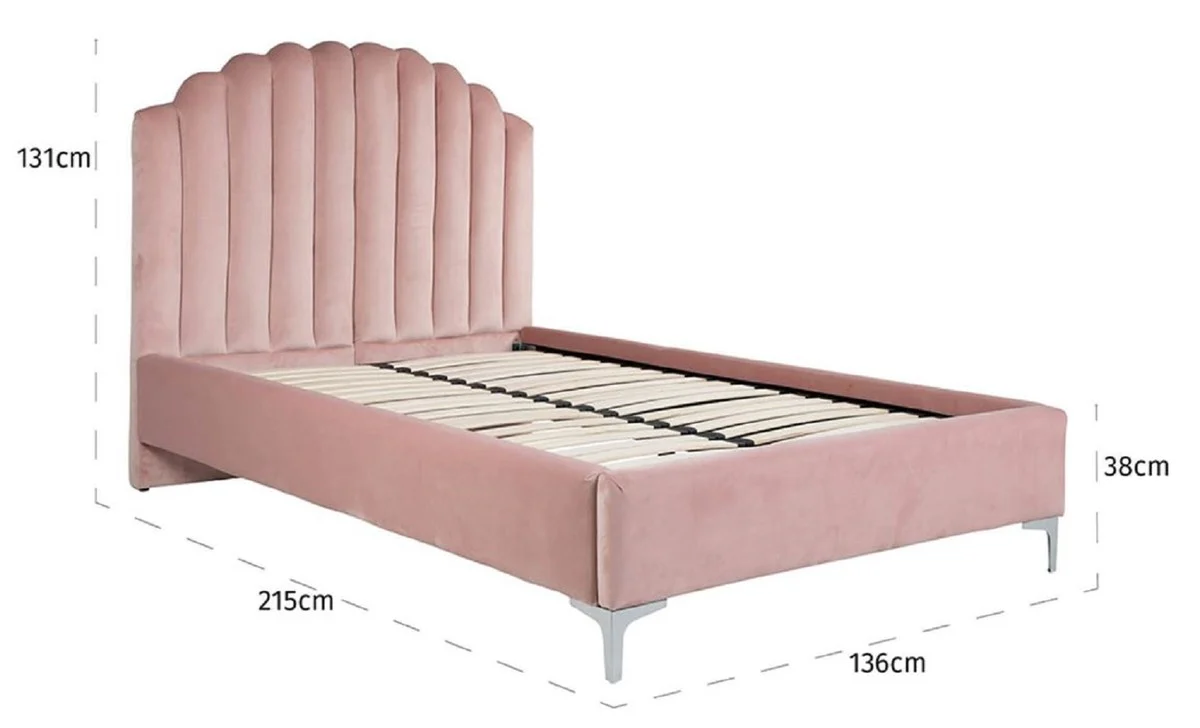 Casa Padrino cama doble Art Deco de lujo rosa / plata 136 x 215 x A. 131 cm - Cama de madera maciza con tela de terciopelo fino - Muebles de dormitorio - Muebles Art Deco de lujo