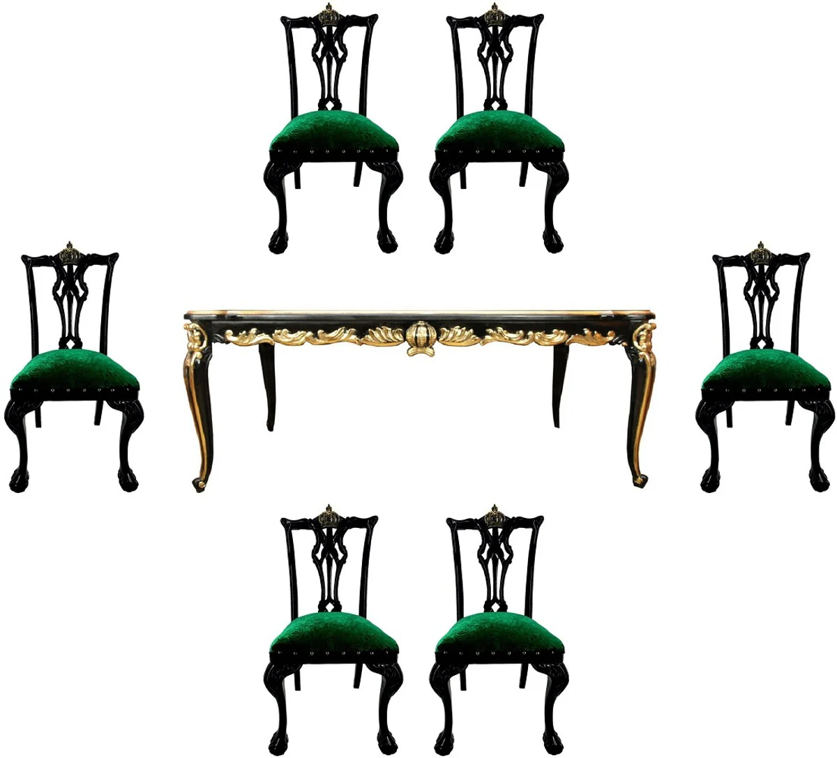 Pomp??s by Casa Padrino Conjunto de Comedor Barroco de Lujo Verde / Negro / Oro - 1 Mesa de Comedor Barroco con Tapa de Vidrio y 6 Sillas de Comedor por Harald Gl??ckler - Pomp??s Muebles Barrocos