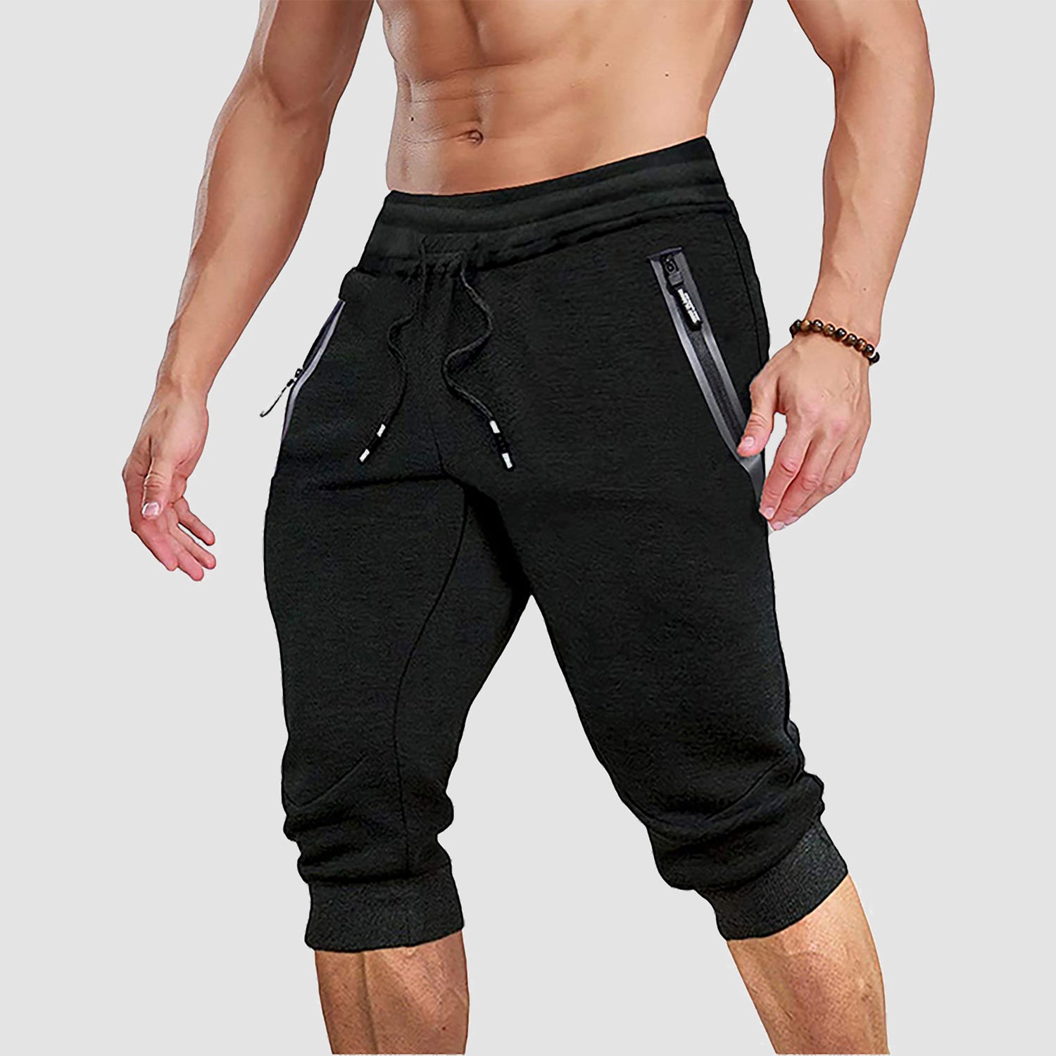 Men Capris Joggers with Zipper Pocket Drawstring Tapered Training Shorts