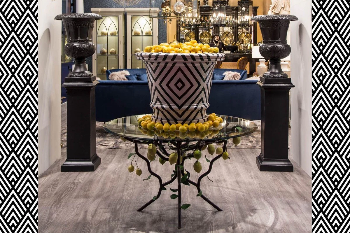 Casa Padrino mesa de comedor de lujo negro / amarillo / verde ? 120 x H. 75 cm - Mesa de hierro forjado con tapa de vidrio y marco de arbusto de lim¨®n - Muebles de Jard¨ªn Patio Sala de Estar