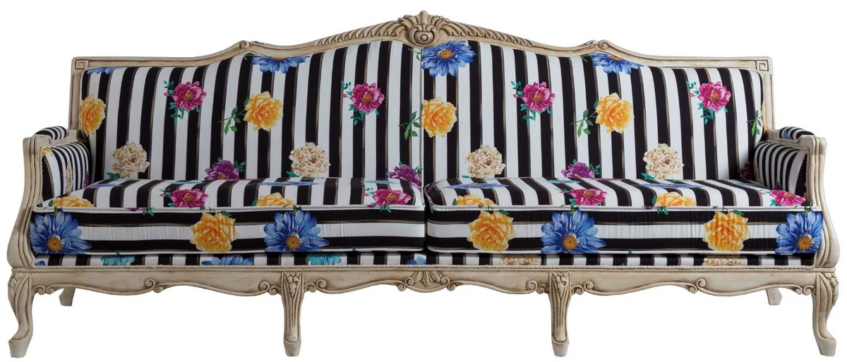 Casa Padrino sof¨¢ barroco de lujo negro / blanco / multicolor / crema antigua 245 x 80 x A. 100 cm - Sof¨¢ de estilo barroco a rayas con motivos florales - Muebles de sal¨®n barrocos