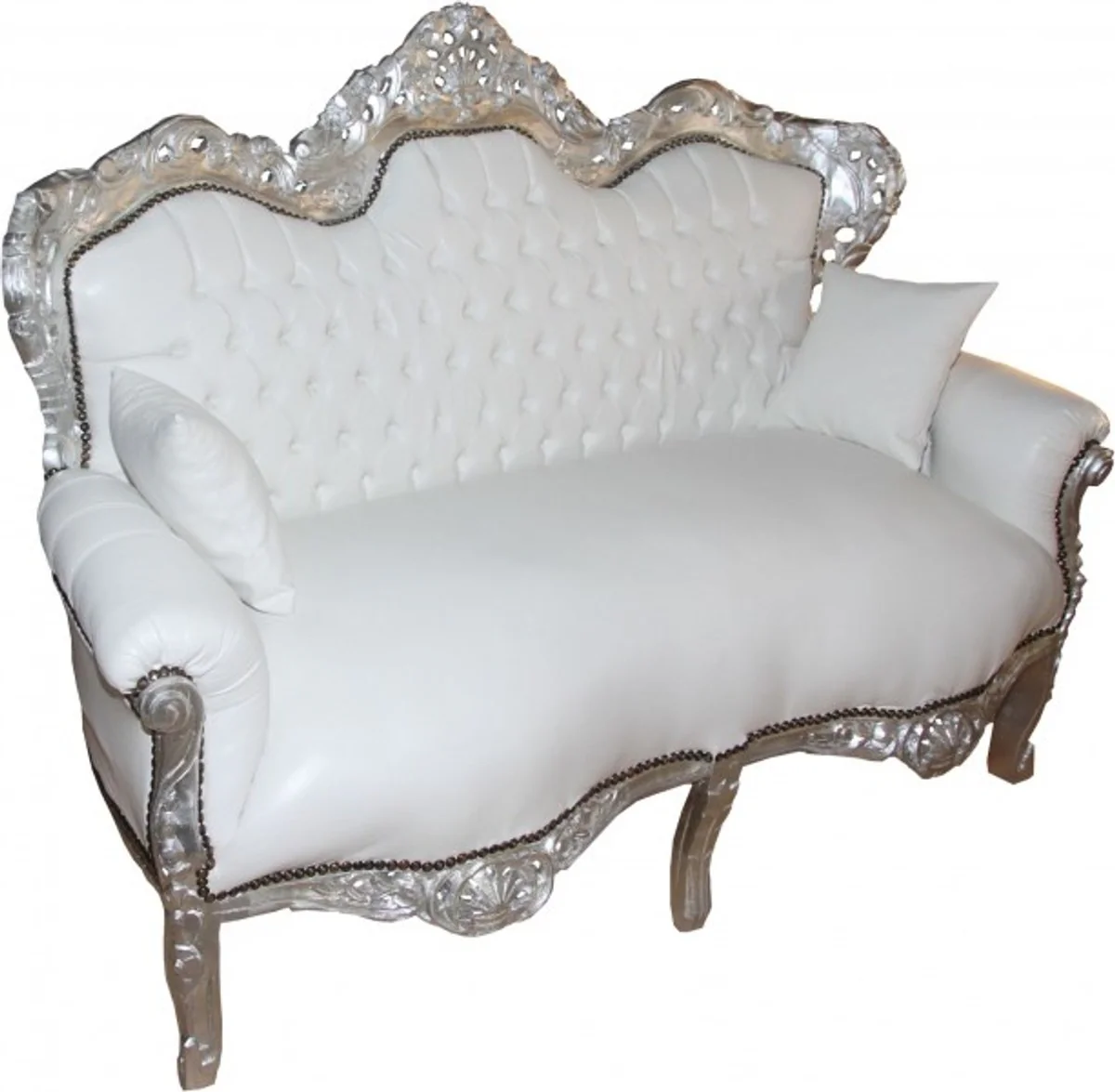 Casa Padrino Baroque King 2-seater white leather look / Silver - living room couch furniture Lounge