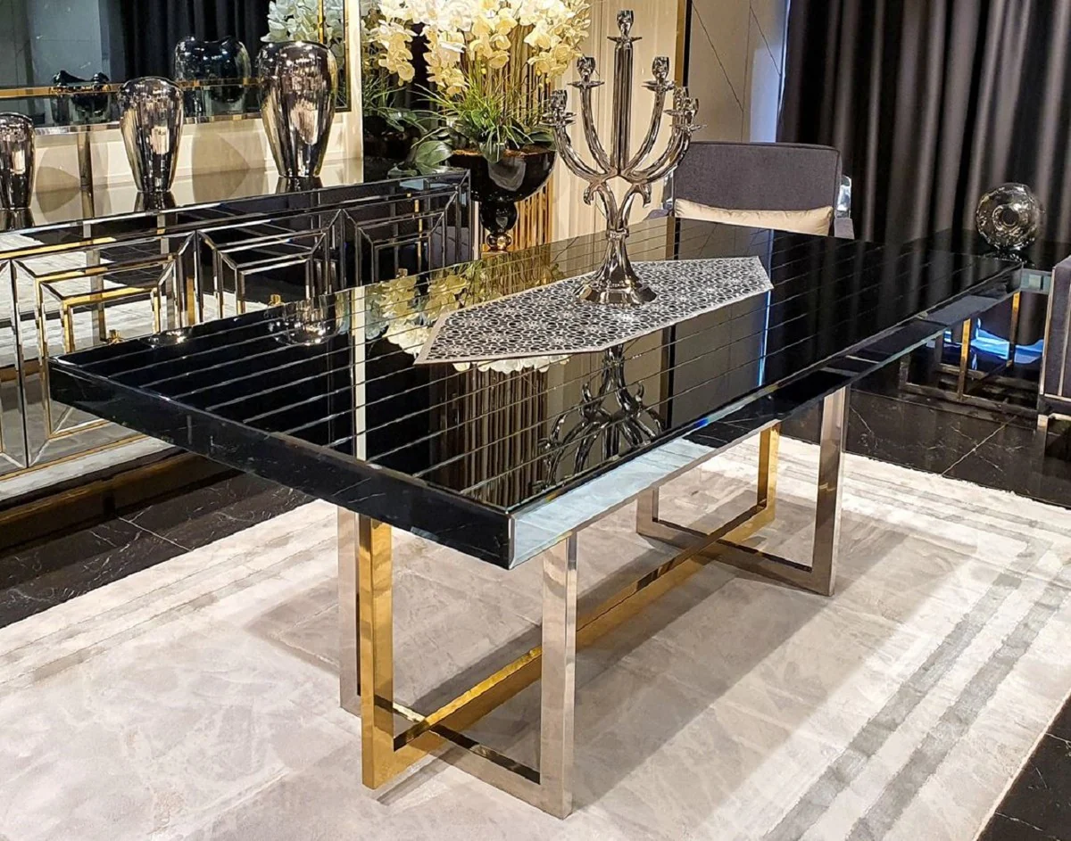 Casa Padrino mesa de comedor de lujo plata / oro 200 x 100 x A. 77 cm - Mesa de cocina con espejo - Muebles de comedor de lujo con espejo