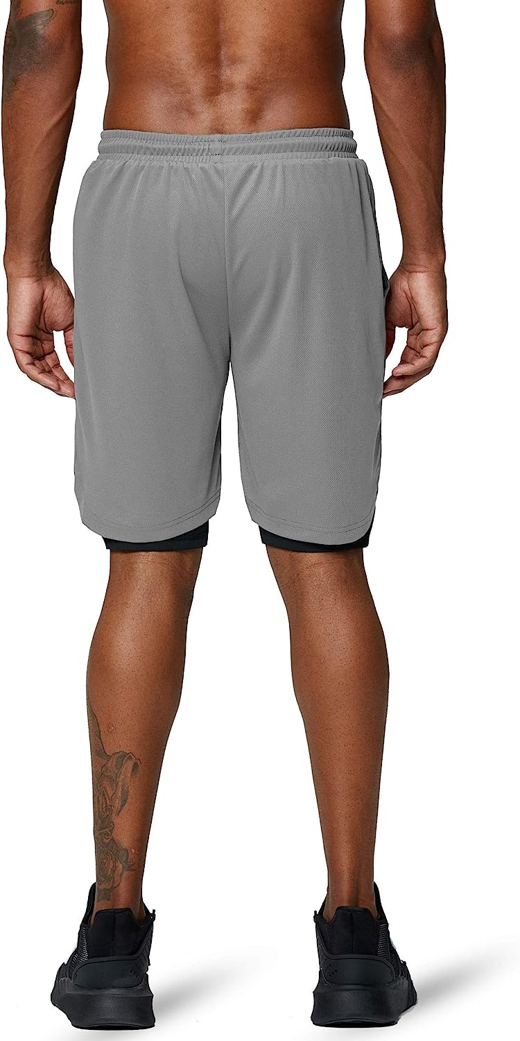 Men's 2 in 1 Running Shorts Gym Workout Quick Dry Mens Shorts with Phone Pocket