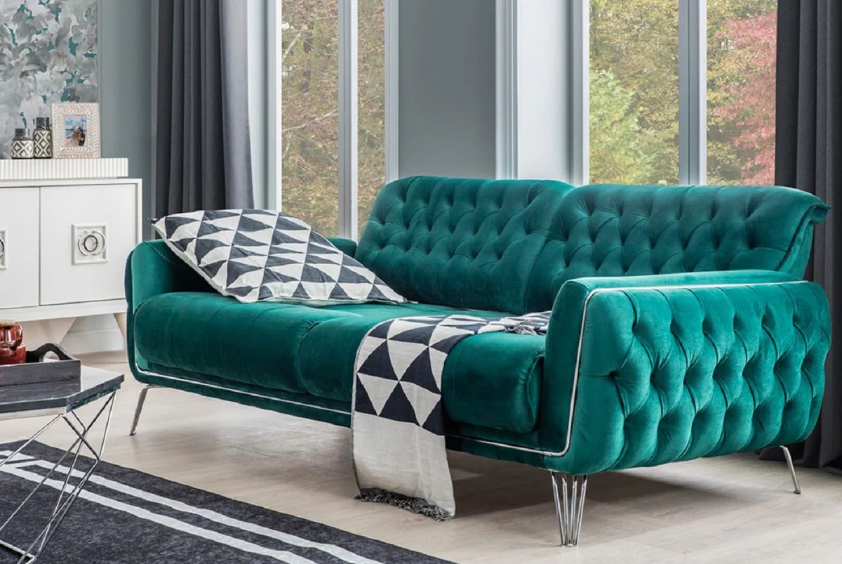 Casa Padrino sof¨¢ cama Chesterfield de lujo verde / plata 230 x 95 x A. 75 cm - Sof¨¢ de sal¨®n moderno - Muebles de Sal¨®n Chesterfield