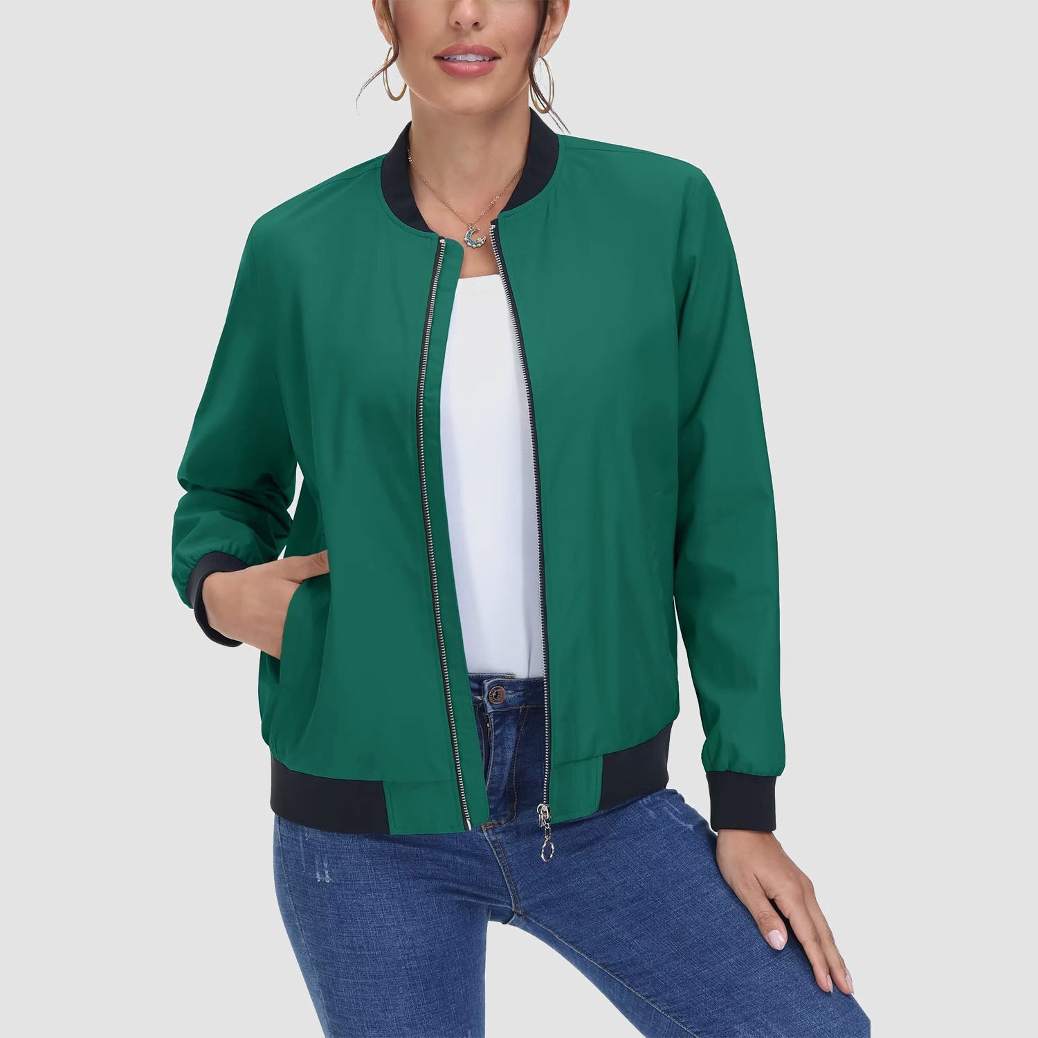 Women's Bomber Jacket Casual Zip Up Lightweight Coat Outerwear Windbreaker