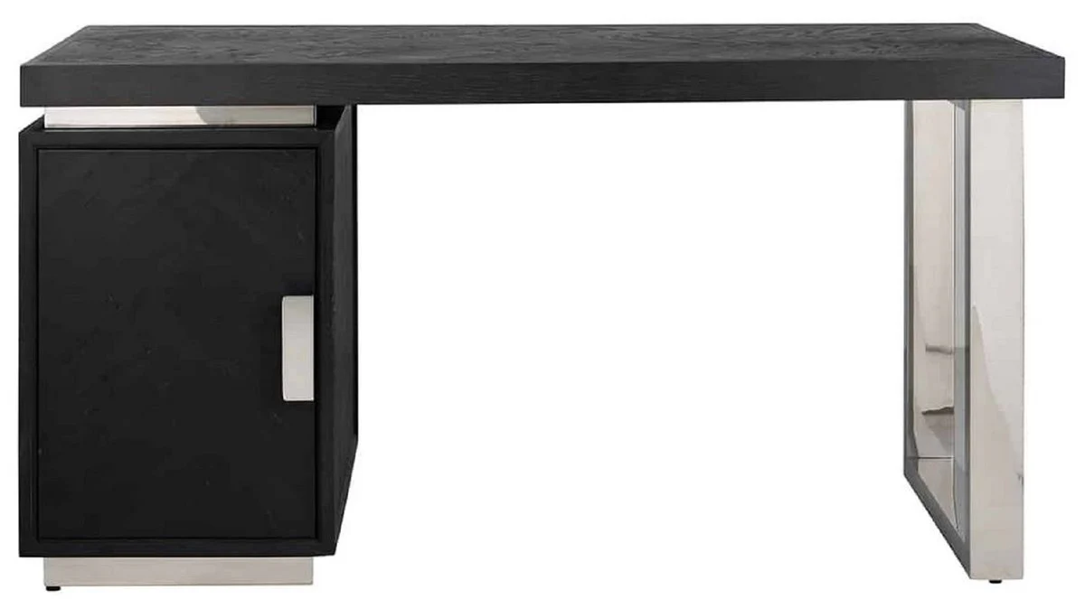 Casa Padrino escritorio de madera maciza de lujo negro / plata 150 x 70 x A. 77 cm - Mesa de Oficina - Mesa de Ordenador - Muebles de Oficina de Lujo