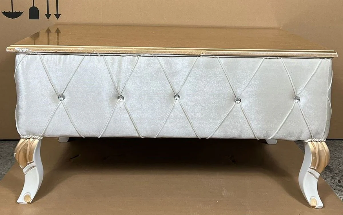 Casa Padrino mesa de centro barroco de lujo oro / plata / blanco / oro - Mesa de sal¨®n de estilo barroco de madera maciza con pedrer¨ªa - Muebles barrocos - Muebles de lujo en estilo barroco