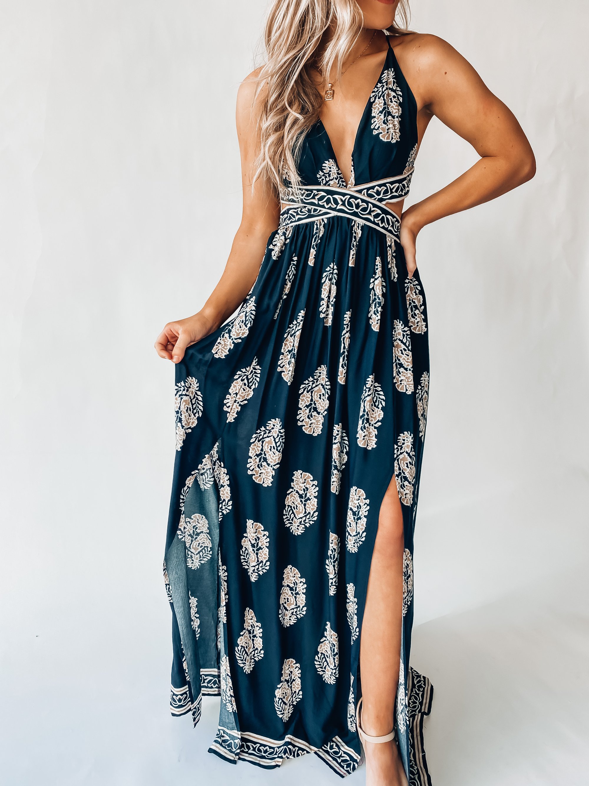 Women's Backless Sexy Slit Print Dress