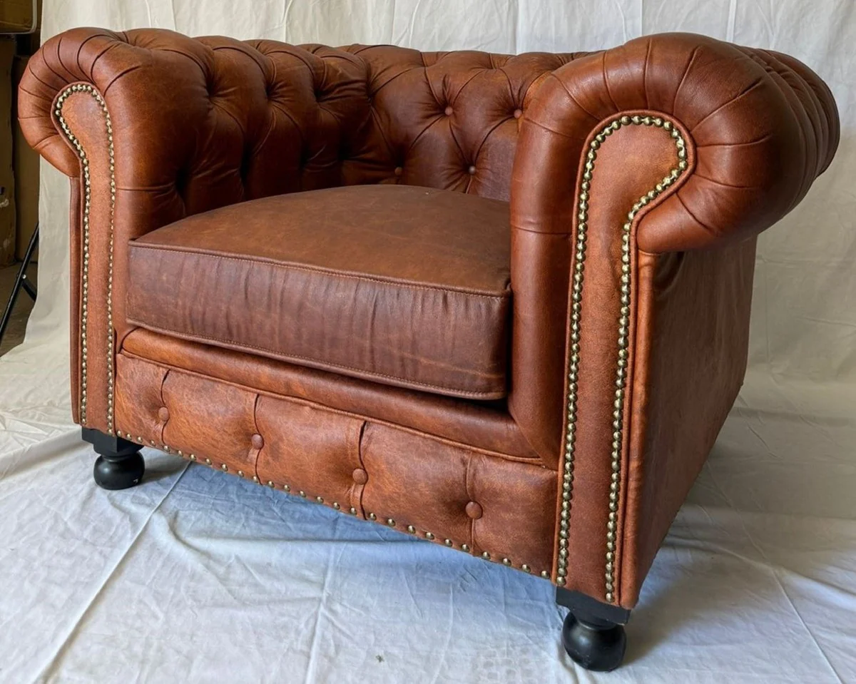 Casa Padrino sill¨®n Chesterfield de lujo de cuero genuino marr¨®n vintage / negro A. 72 cm